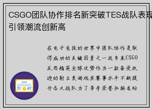 CSGO团队协作排名新突破TES战队表现引领潮流创新高